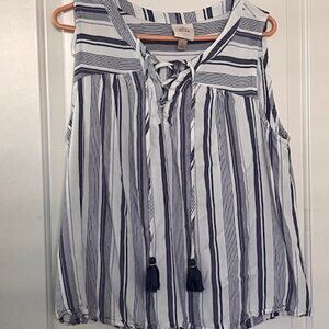 Knox Rose Sleeveless Summer Blouse Boho Tie Front Blue on White Stripe Size L